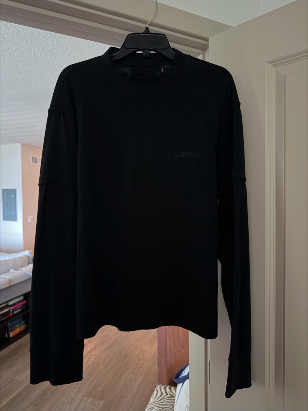 Helmut Lang Black Long-Sleeve Crewneck with Subtle Vienna Emboss